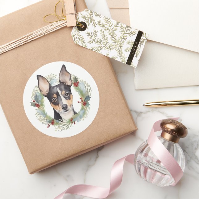 Rat Terrier Christmas Wreath Festive Pup Classic Round Sticker (Gifting)