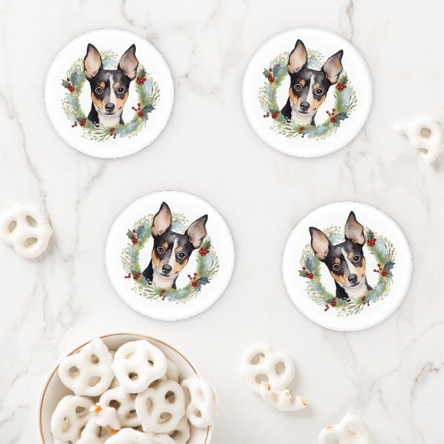 Rat Terrier Christmas Wreath Festive Pup Coaster Set (In Situ)