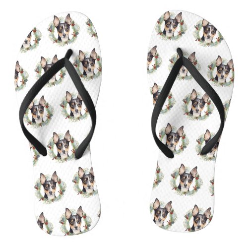 Rat Terrier Christmas Wreath Festive Pup Flip Flops