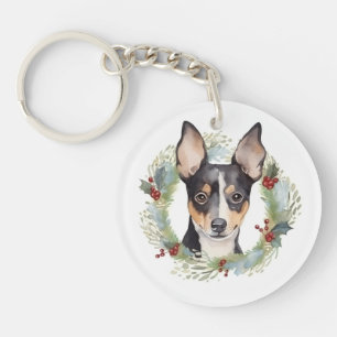Rat Terrier Christmas Wreath Festive Pup Keychain