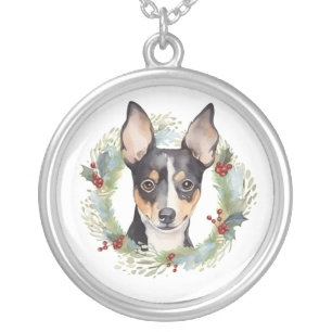 Rat Terrier Christmas Wreath Festive Pup Silver Plated Necklace