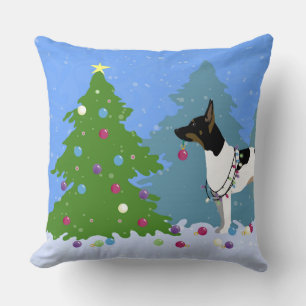 Rat Terrier Decorating a Christmas Tree in Forest Throw Pillow