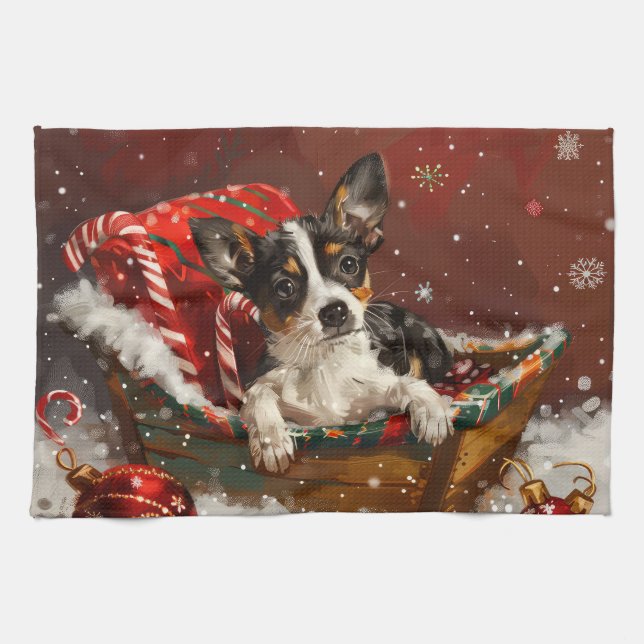Rat Terrier Dog Christmas Festive Kitchen Towel (Horizontal)
