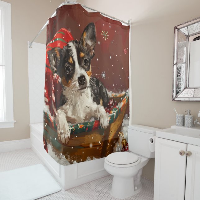 Rat Terrier Dog Christmas Festive Shower Curtain (In Situ)
