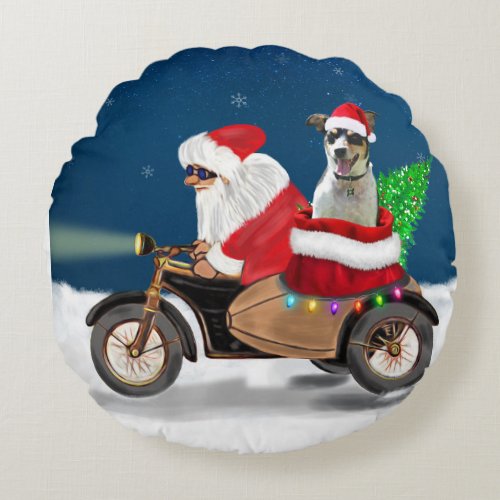 Rat Terrier Dog Christmas Santa Claus Round Pillow