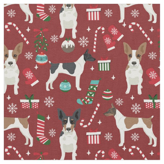 rat terrier dog holiday christmas burgundy fabric (Close Up)