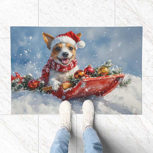 Rat Terrier Dog in Sledge Let it Snow Christmas  Doormat (Indoor)