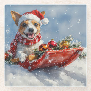 Rat Terrier Dog in Sledge Let it Snow Christmas Glass Coaster