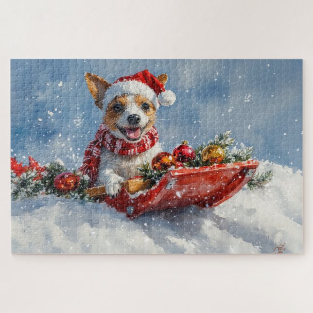 Rat Terrier Dog in Sledge Let it Snow Christmas  Jigsaw Puzzle (Horizontal)