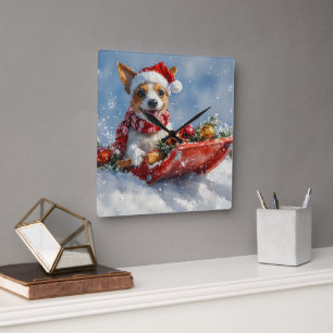 Rat Terrier Dog in Sledge Let it Snow Christmas Square Wall Clock