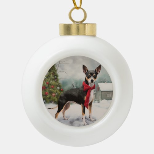Rat Terrier Dog in Snow Christmas  Ceramic Ball Christmas Ornament