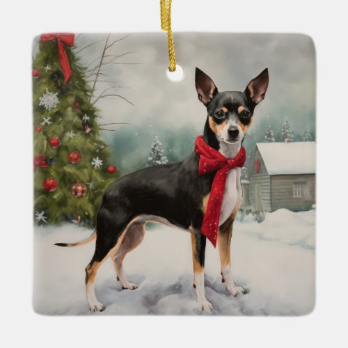 Rat Terrier Dog in Snow Christmas  Ceramic Ornament