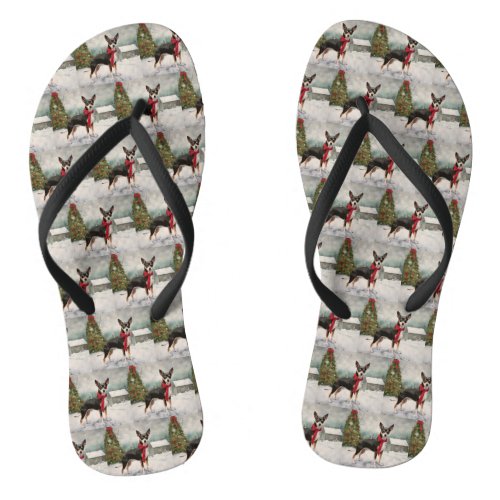 Rat Terrier Dog in Snow Christmas  Flip Flops