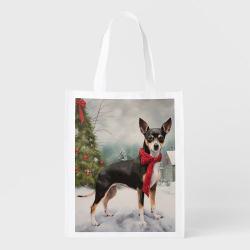 Rat Terrier Dog in Snow Christmas  Grocery Bag