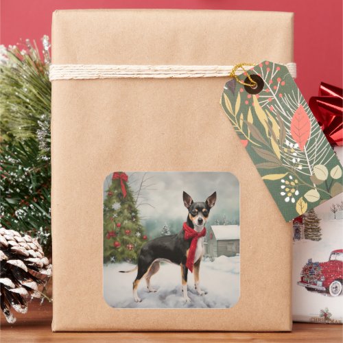 Rat Terrier Dog in Snow Christmas  Square Sticker