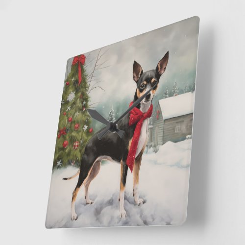 Rat Terrier Dog in Snow Christmas  Square Wall Clock