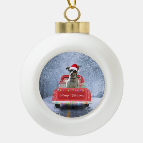 Rat Terrier Dog in Snow sitting in Christmas Truck Ceramic Ball Christmas Ornament