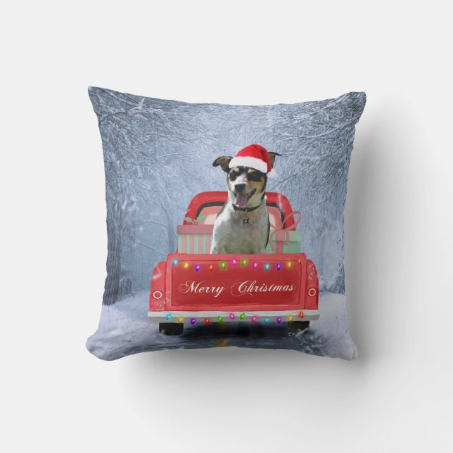 Rat Terrier Dog in Snow sitting in Christmas Truck Throw Pillow (Front)