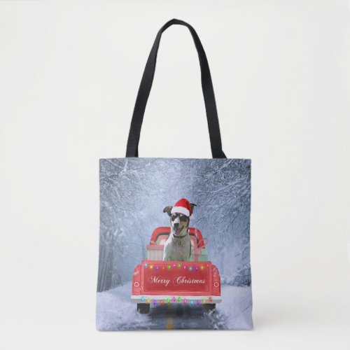 Rat Terrier Dog in Snow sitting in Christmas Truck Tote Bag