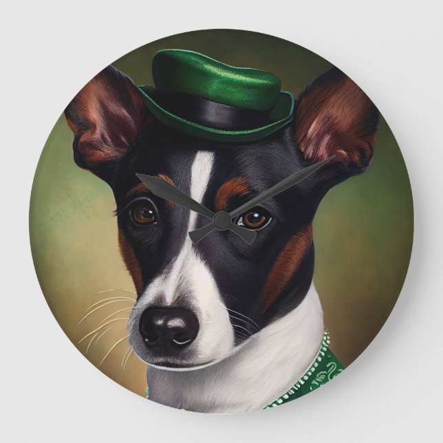 Rat Terrier Dog in St. Patrick's Day Dress Large Clock (Front)