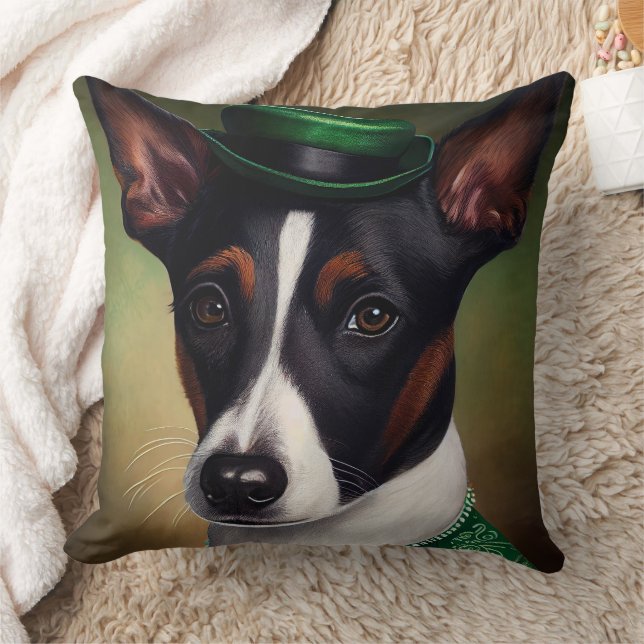Rat Terrier Dog in St. Patrick's Day Dress Throw Pillow (Blanket)