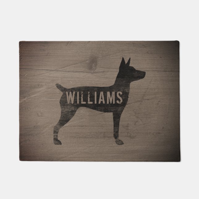 Rat Terrier Dog Silhouette Rustic Personalized Doormat (Front)