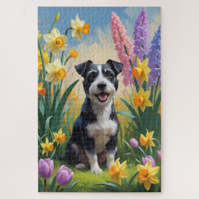 Rat Terrier Dog Spring Flowers Painting Jigsaw Puzzle (Vertical)