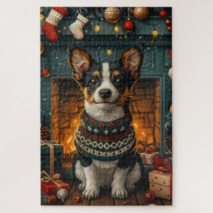 Rat Terrier Dog With Christmas Gifts Fireplace Jigsaw Puzzle