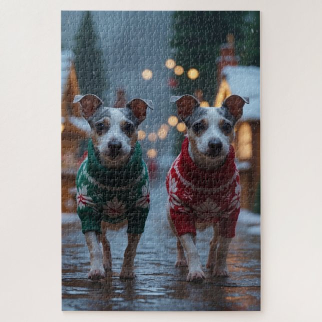 Rat Terrier Dogs Christmas Snow Holiday Jigsaw Puzzle (Vertical)