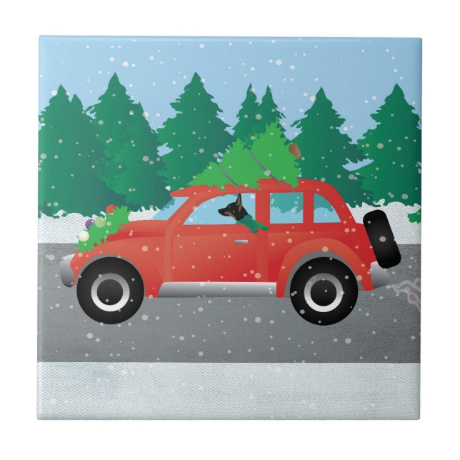 Rat Terrier Driving a Christmas Car with a Tree Ceramic Tile (Front)