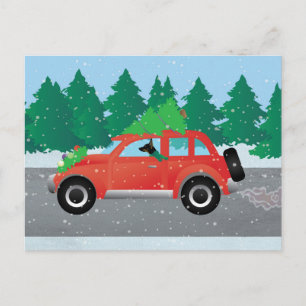 Rat Terrier Driving a Christmas Car with a Tree Holiday Postcard