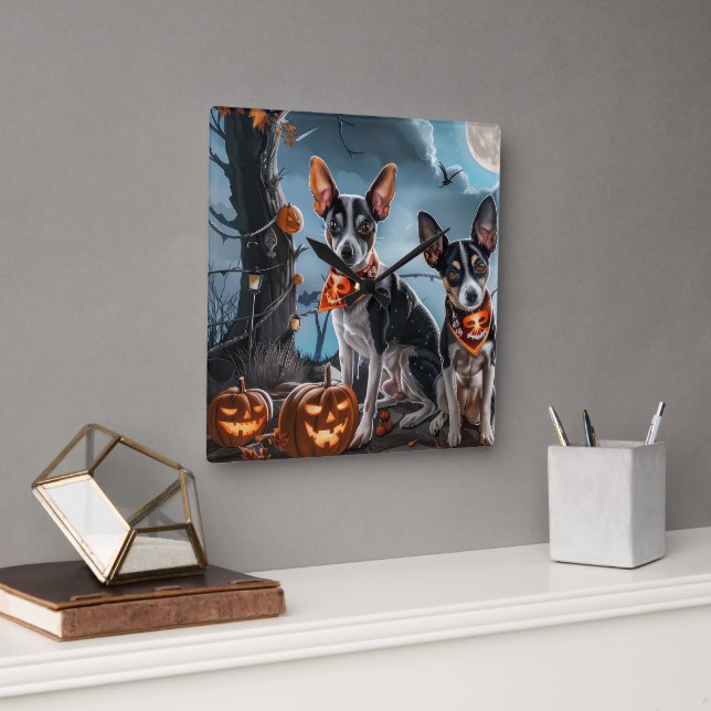 Rat Terrier Halloween Spooky  Square Wall Clock (Office)