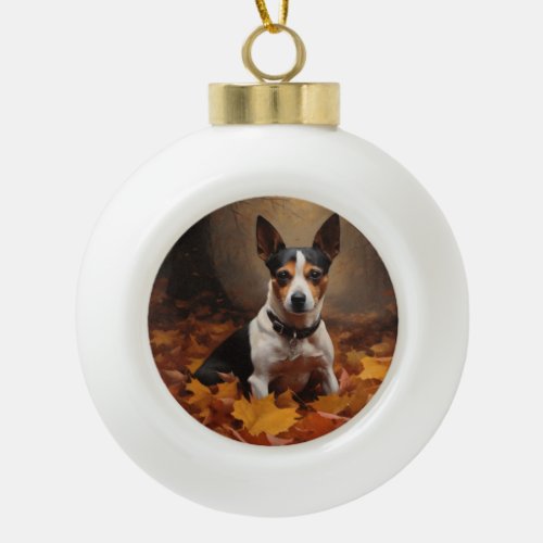 Rat Terrier in Autumn Leaves Fall Inspire  Ceramic Ball Christmas Ornament