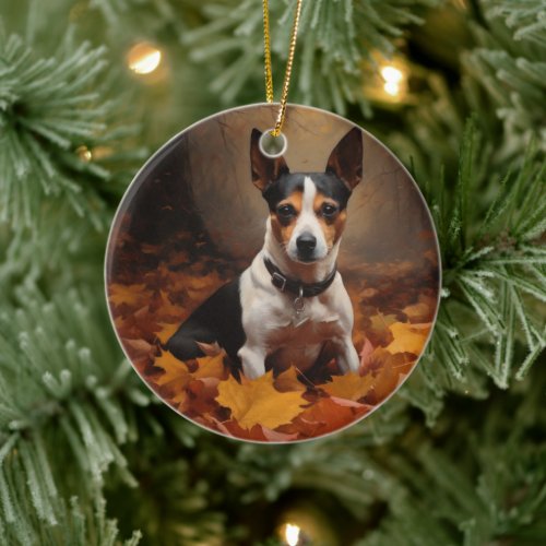 Rat Terrier in Autumn Leaves Fall Inspire  Ceramic Ornament