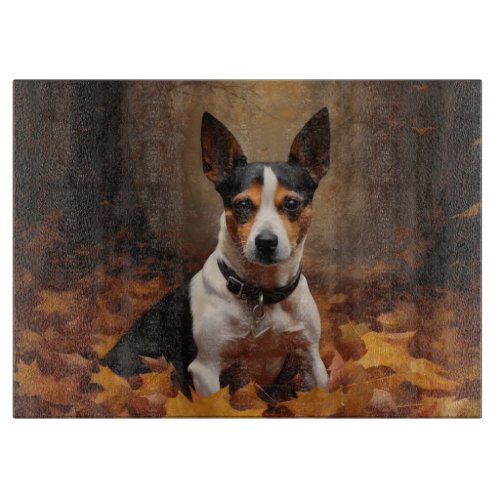 Rat Terrier in Autumn Leaves Fall Inspire  Cutting Board