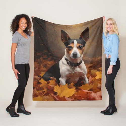 Rat Terrier in Autumn Leaves Fall Inspire  Fleece Blanket