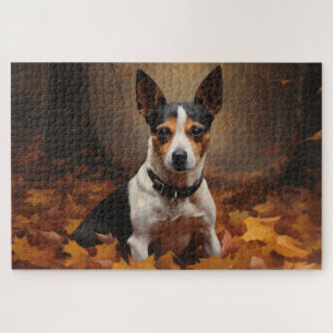 Rat Terrier in Autumn Leaves Fall Inspire Jigsaw Puzzle