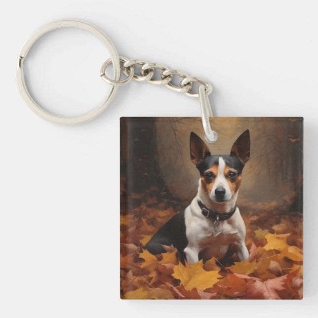 Rat Terrier in Autumn Leaves Fall Inspire  Keychain (Front)