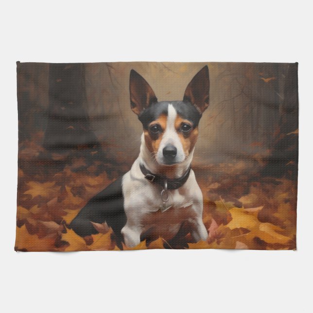 Rat Terrier in Autumn Leaves Fall Inspire  Kitchen Towel (Horizontal)