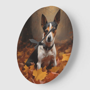 Rat Terrier in Autumn Leaves Fall Inspire  Large Clock