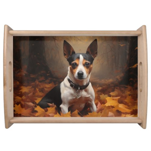 Rat Terrier in Autumn Leaves Fall Inspire  Serving Tray