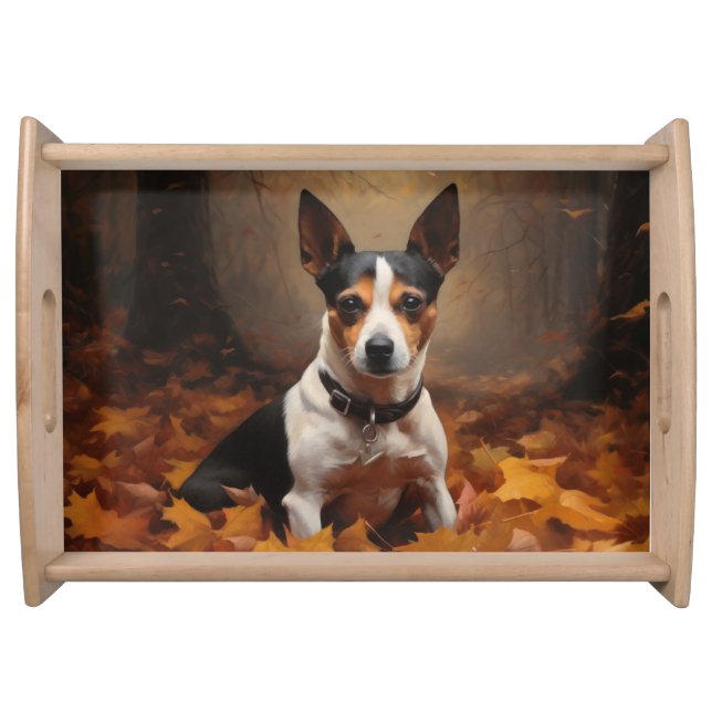 Rat Terrier in Autumn Leaves Fall Inspire  Serving Tray (Front)