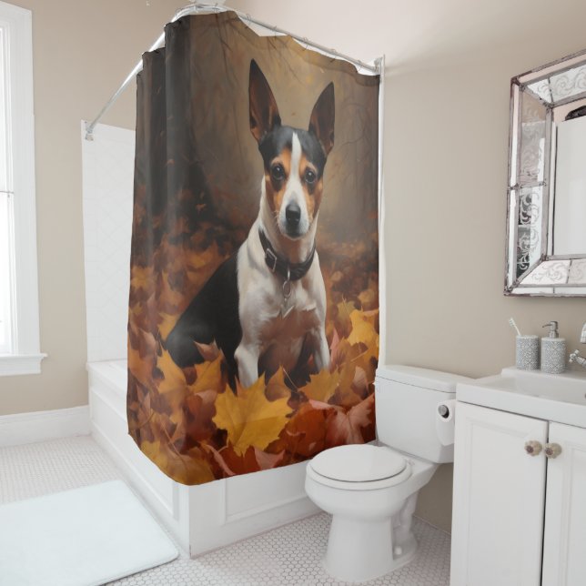 Rat Terrier in Autumn Leaves Fall Inspire  Shower Curtain (In Situ)
