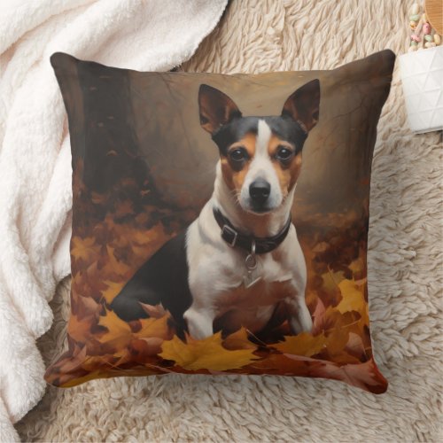 Rat Terrier in Autumn Leaves Fall Inspire  Throw Pillow
