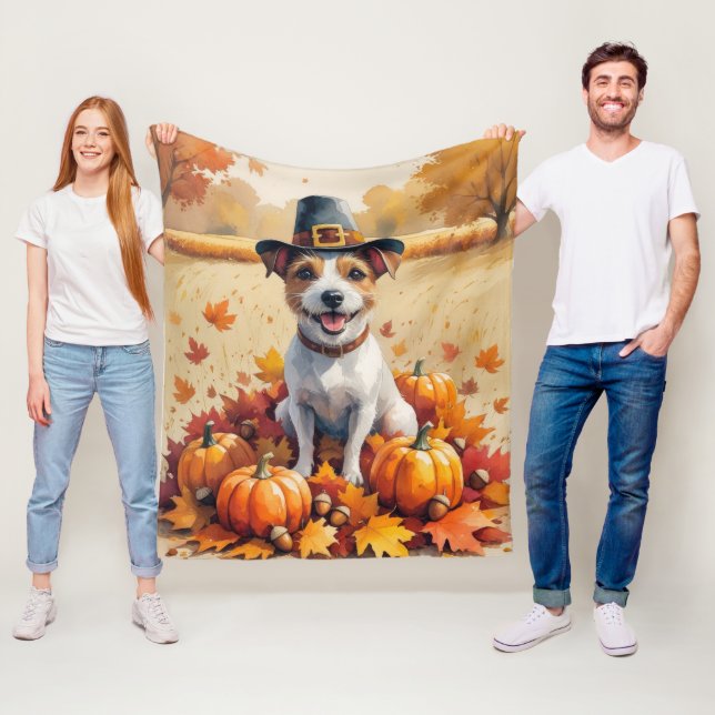 Rat Terrier In Autumn Leaves Thanksgiving Art  Fleece Blanket (In Situ)