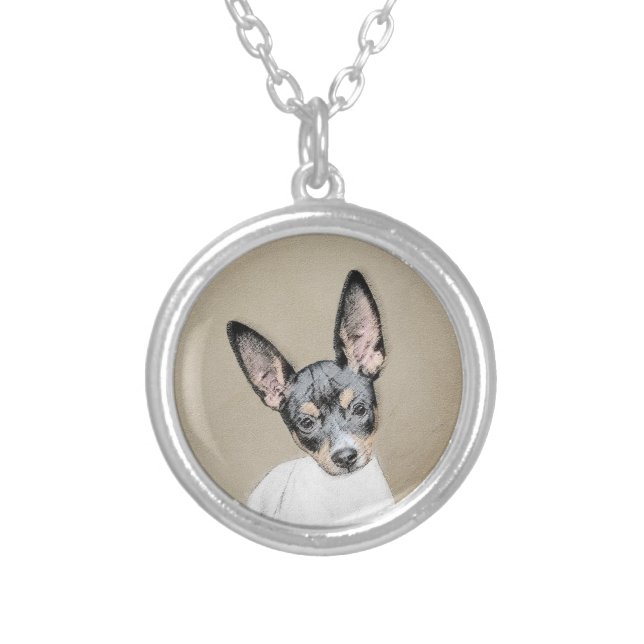 Rat Terrier Painting - Cute Original Dog Art Silver Plated Necklace (Front)