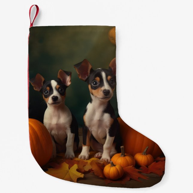 Rat Terrier Puppy Autumn Delight Pumpkin  Small Christmas Stocking (Front)