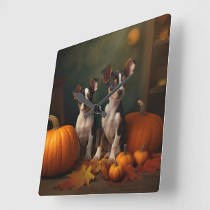 Rat Terrier Puppy Autumn Delight Pumpkin  Square Wall Clock