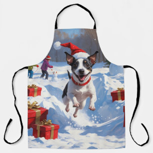 Rat Terrier Running in Snow with Christmas Hat Apron