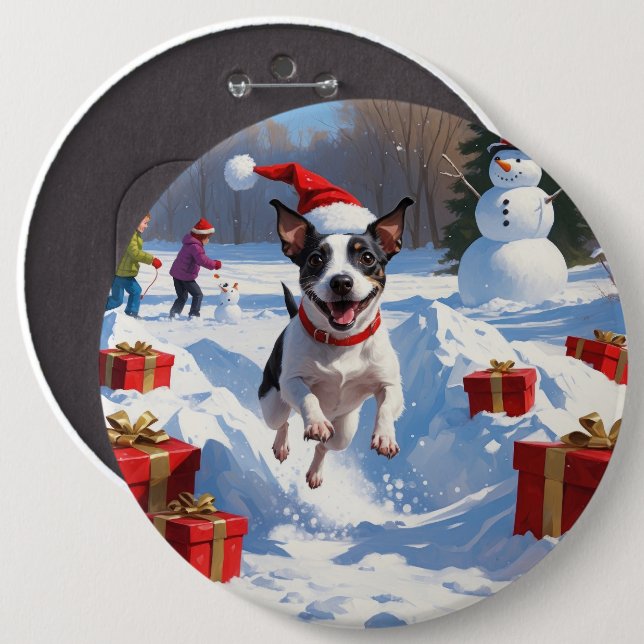 Rat Terrier Running in Snow with Christmas Hat Button (Front & Back)